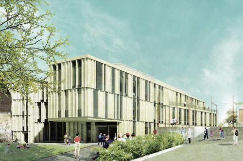 Modell der neuen Bibliothek, eingebettet rechts das Theaterhaus und Links das Kloster